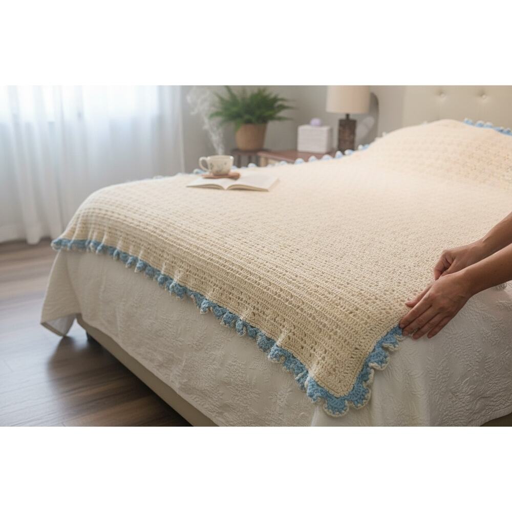 Vintage‎ Handmade Crochet Blanket Ivory Blue Ruffle Edge Heirloom Large Throw